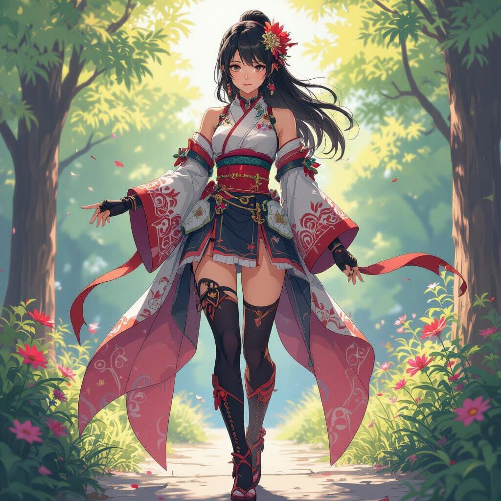 Anime Woman in Dynamic Pose, Vibrant Colors