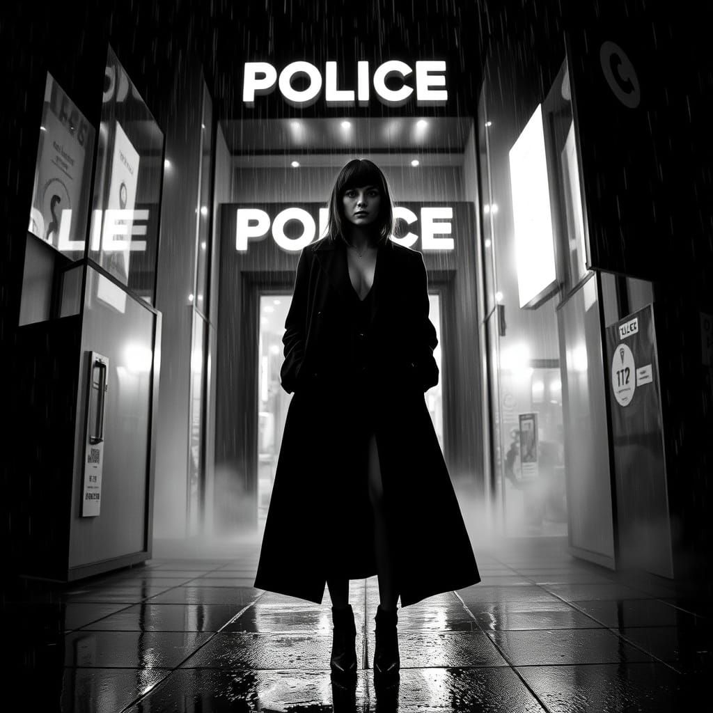 Femme Fatale at Rainy Police Station in Cyberpunk Style