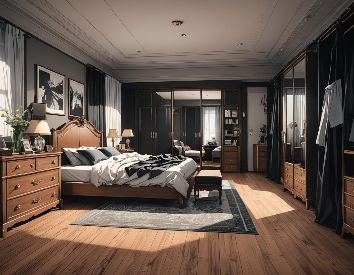 Manga Bedroom with Black Curtains in Anime Style