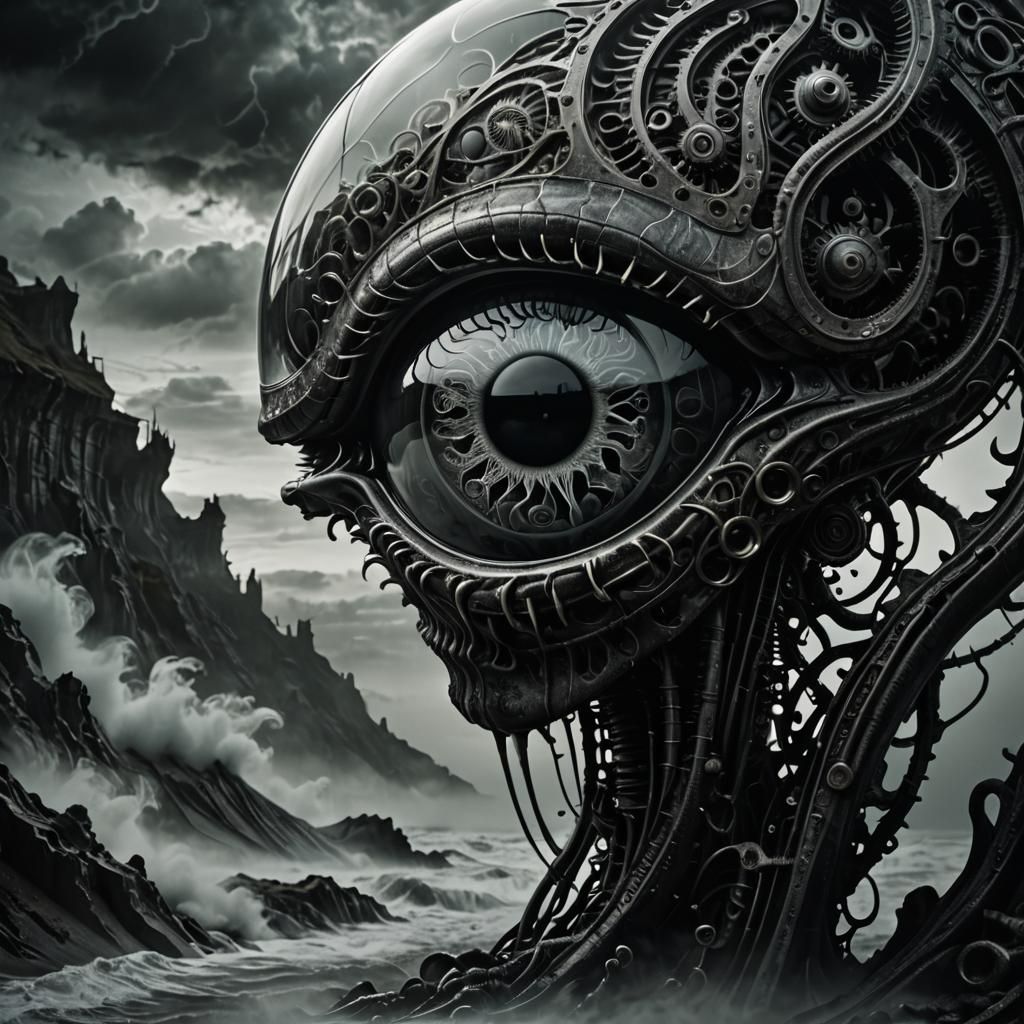Biomechanical Dark Fantasy Eye in Glass, Giger Inspired