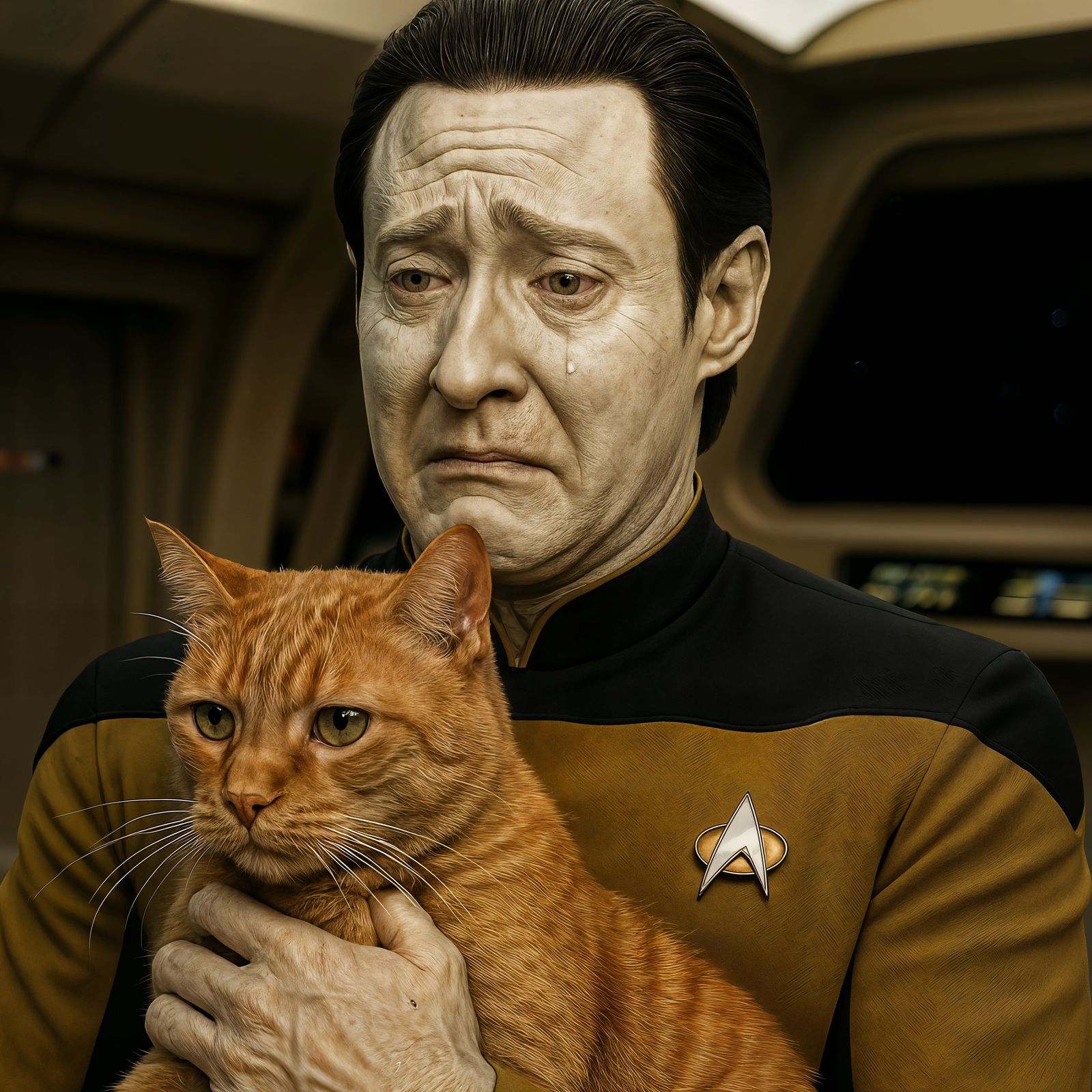 Android Data Cries Holding Cat on Starship