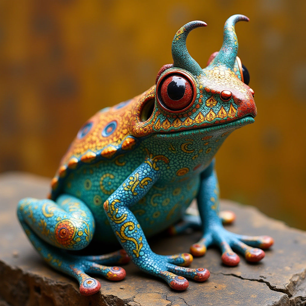 Mystical Alebrije Frog with Horns in Folk Art Style