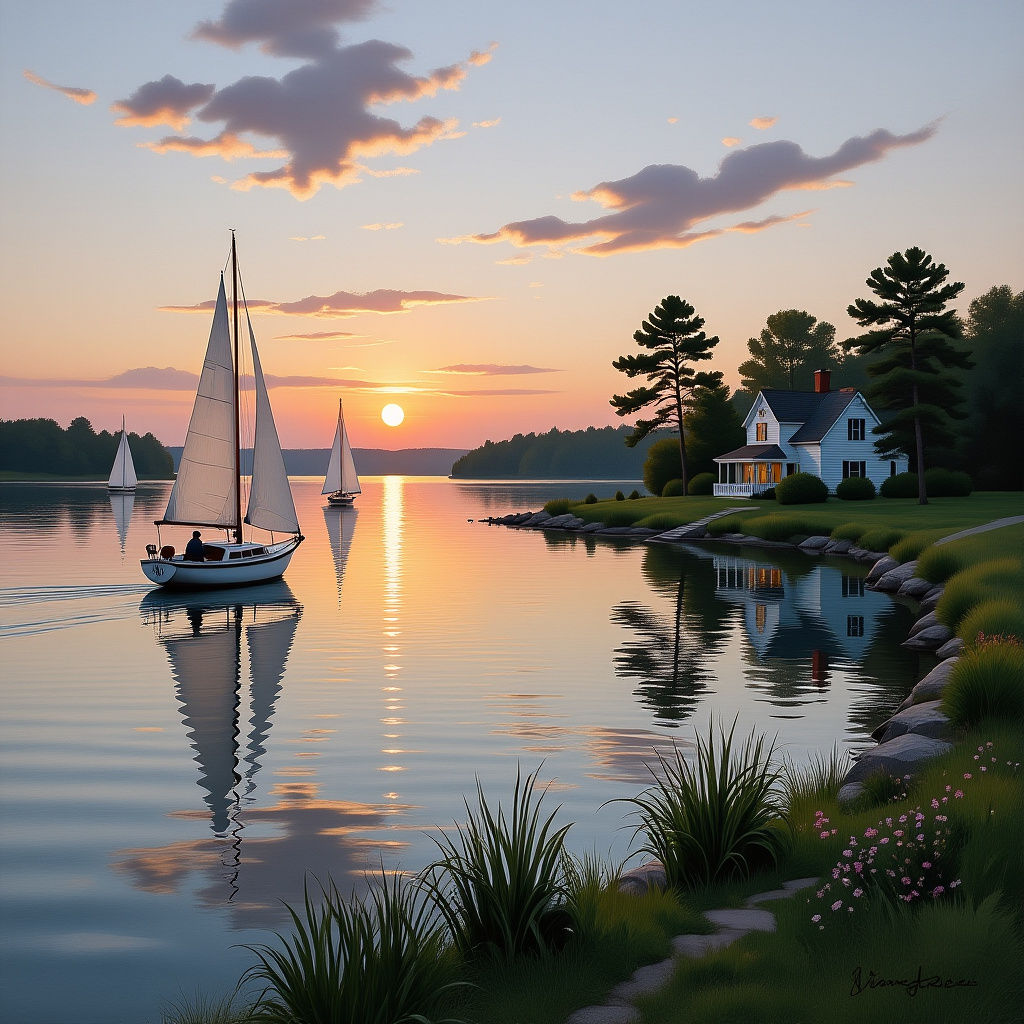 Serene Lake at Dawn with Sailboats in Maritime Art Style