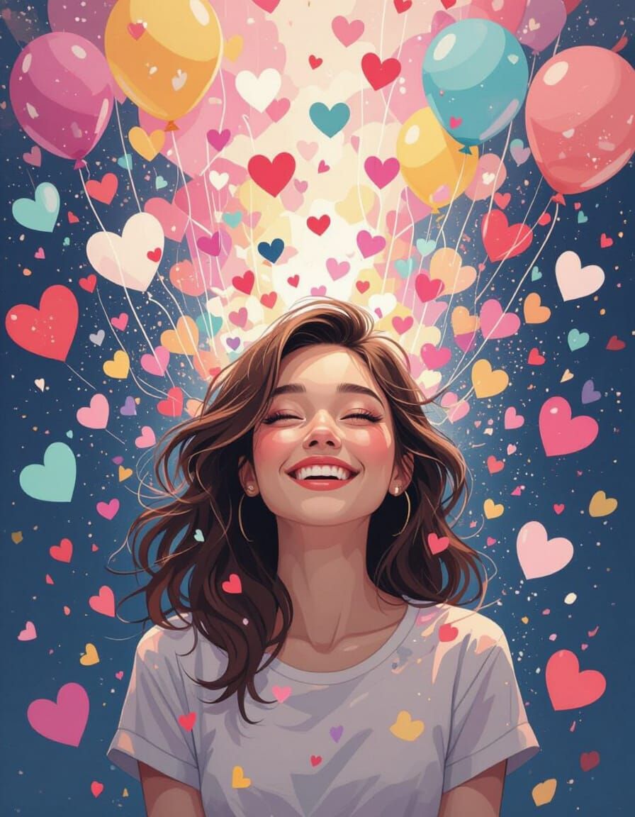 Young Woman in Whimsical Pastel Explosion of Hearts & Balloo...