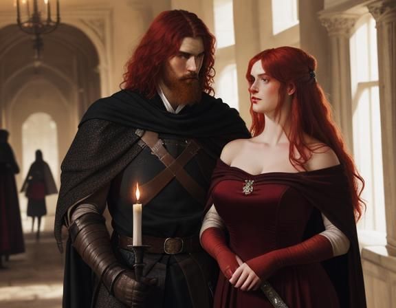 Medieval Couple in Castle Hallway in Pre-Raphaelite Style