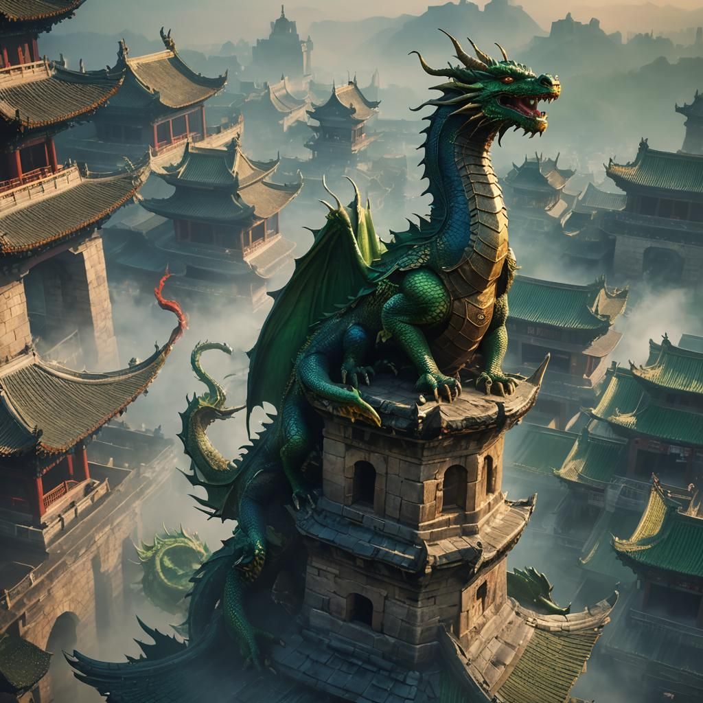 Green Dragons on Xian Bell Tower in Fantasy Art