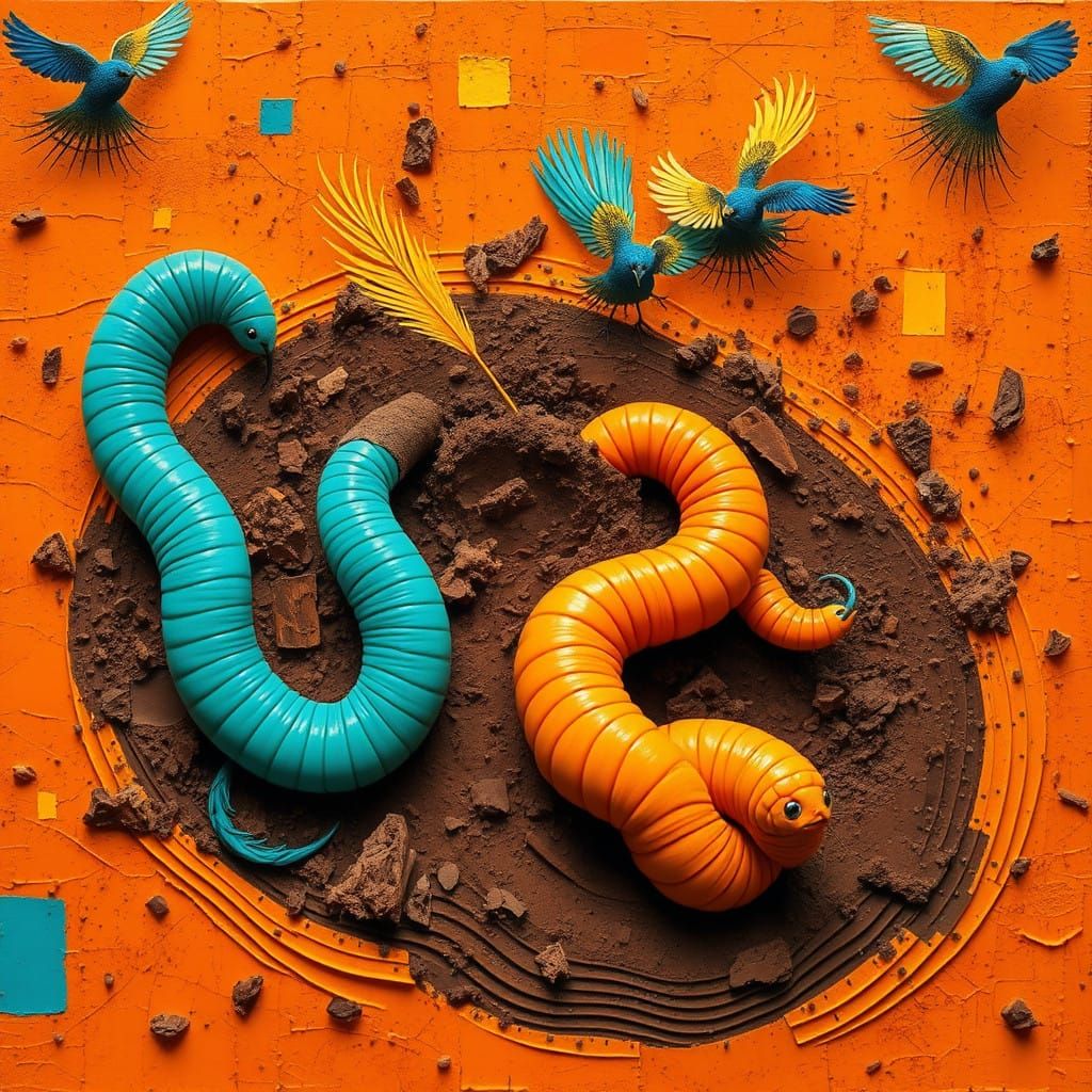 Vibrant Worms in Turquoise and Orange Burrow into Earthly Ca...