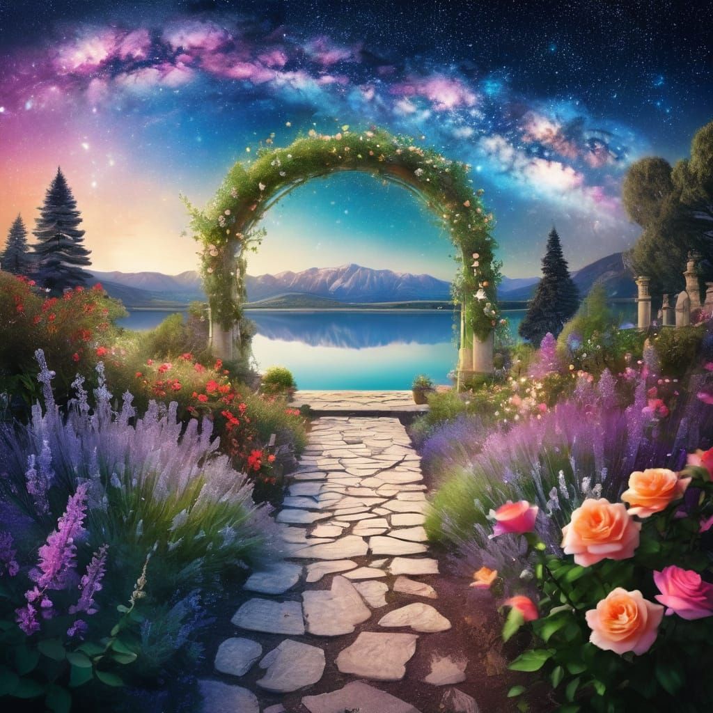 Surreal Garden Pathway Unveils Hidden Paradise under Starry ...