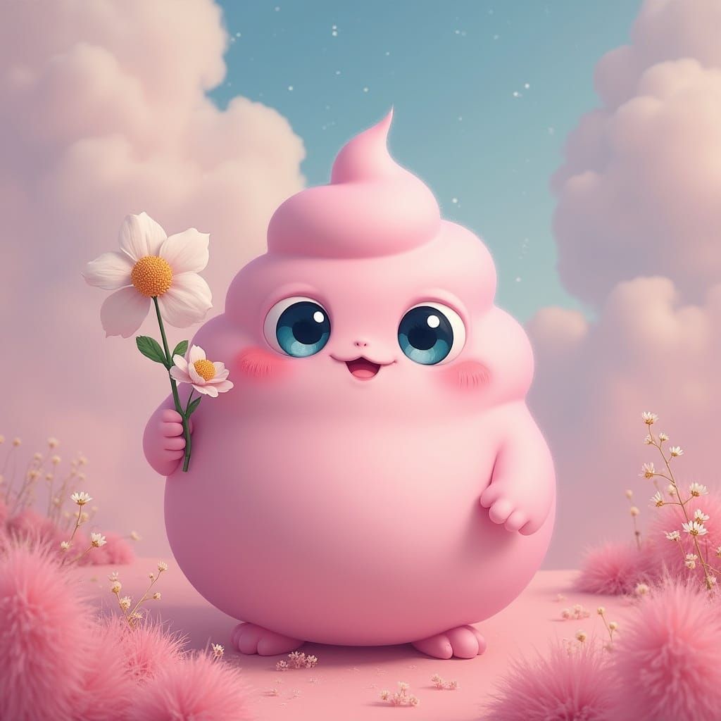 Whimsical Pastel Pudding Monster in Fantastical Landscape