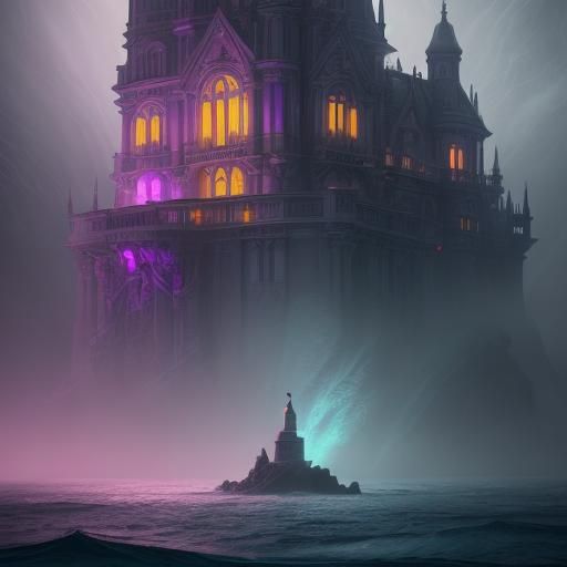 Haunted Mansion in Stormy Seas: Dark Fantasy Art