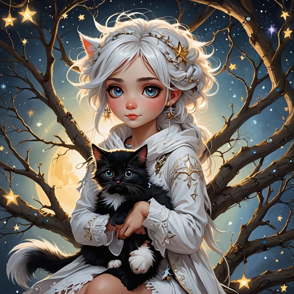 Whimsical Punk Girl in Tree of Life: Digital Art