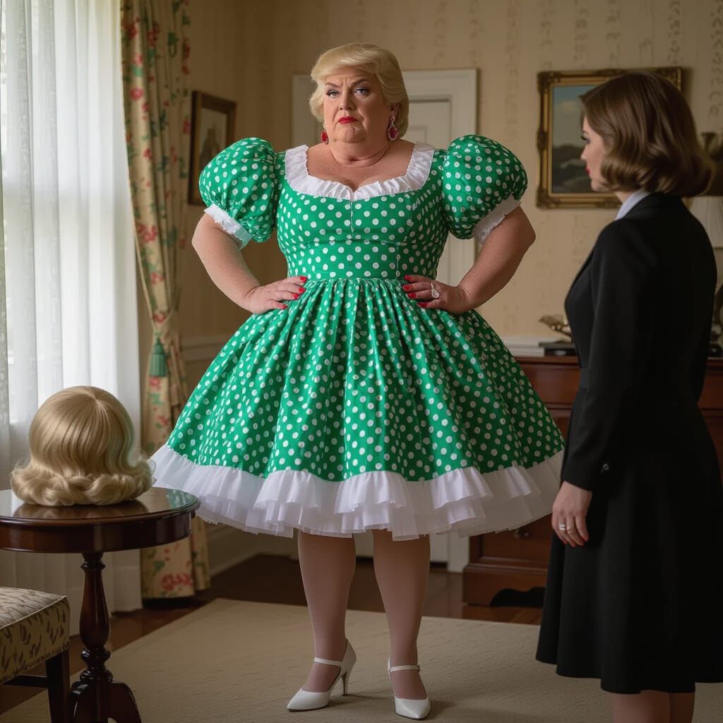Man in Polka Dot Dress in Feminine 1955 Room