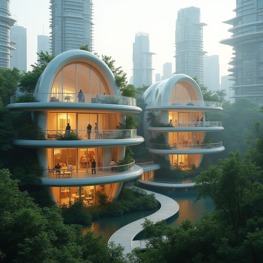 Organic Futuristic Twin Buildings with Transparent Plastic E...