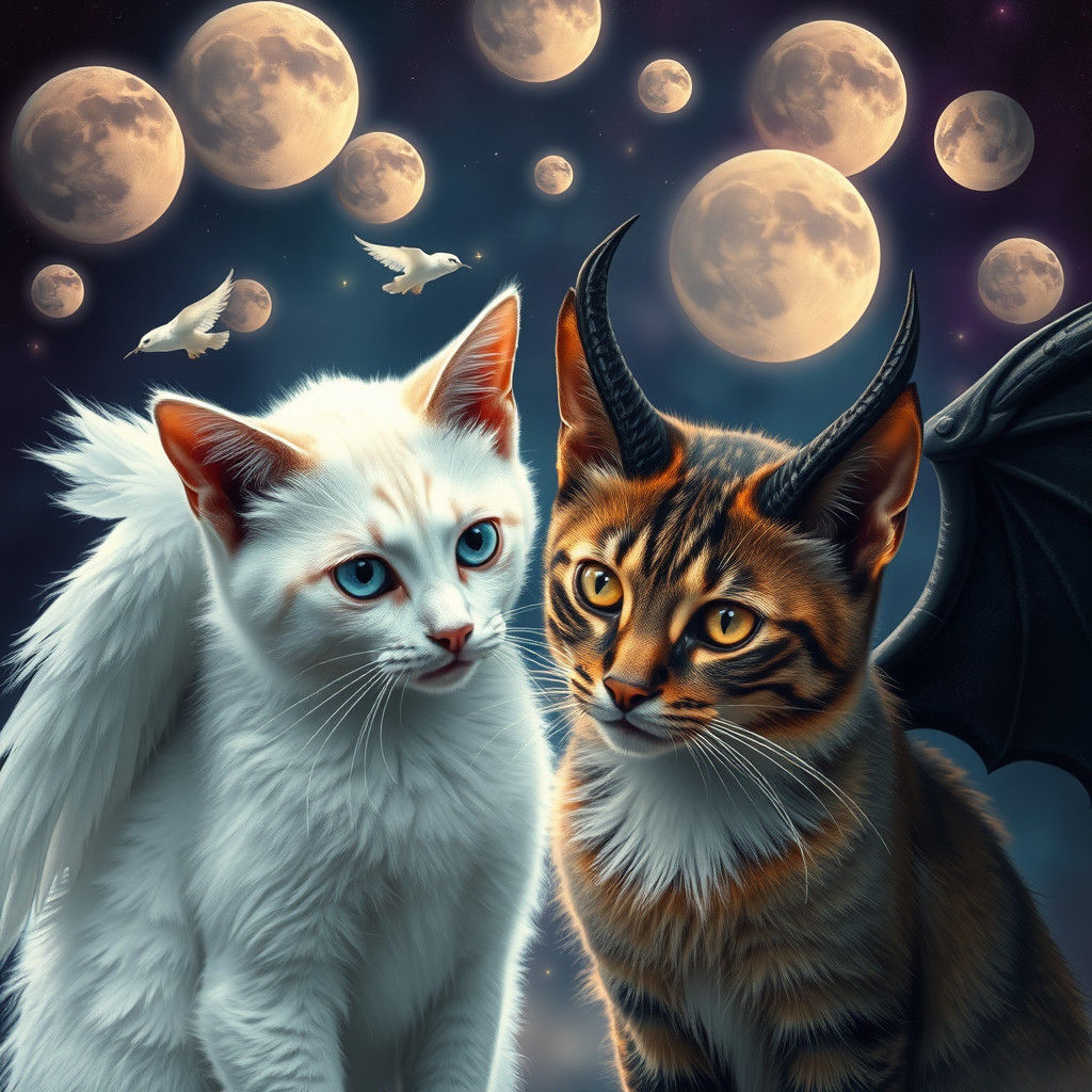 Angelic Siamese Cat and Demonic Calico in Moonlit Sky