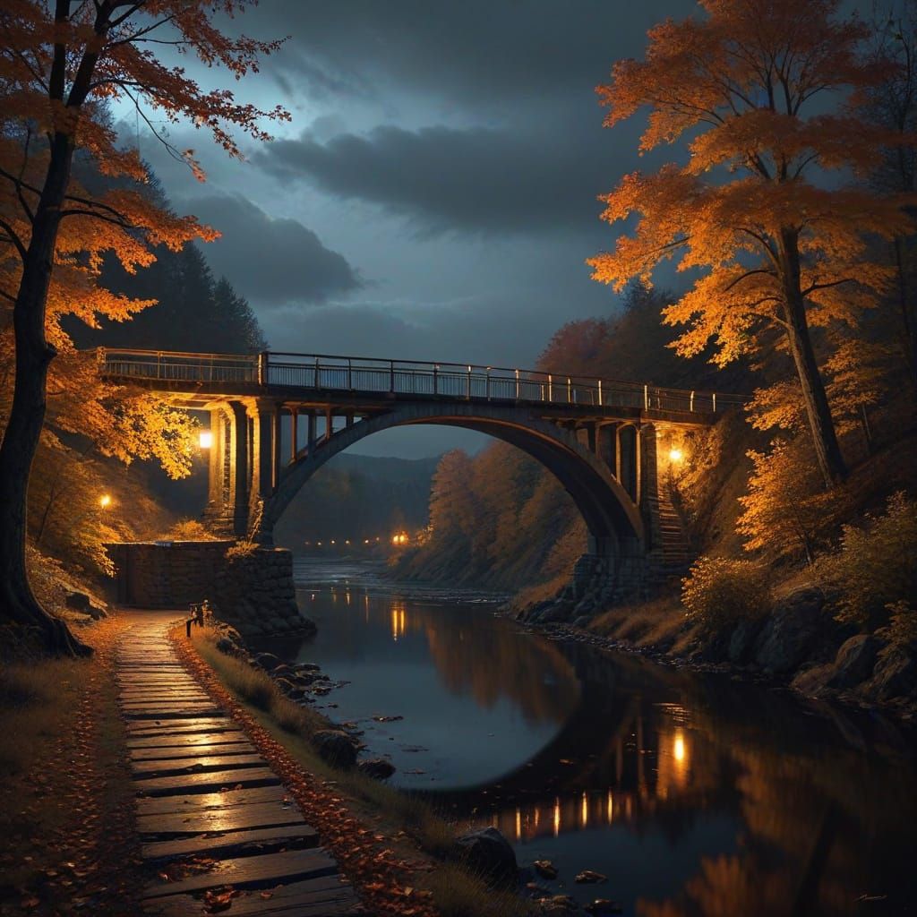 Mysterious Autumn Night Scene with a Solitary Home and Bridg...