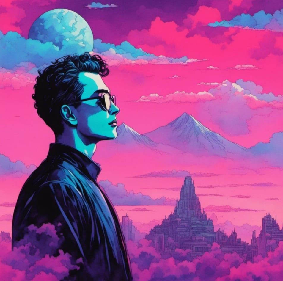 Vaporwave Man: Digital Portrait in Vaporwave Aesthetic