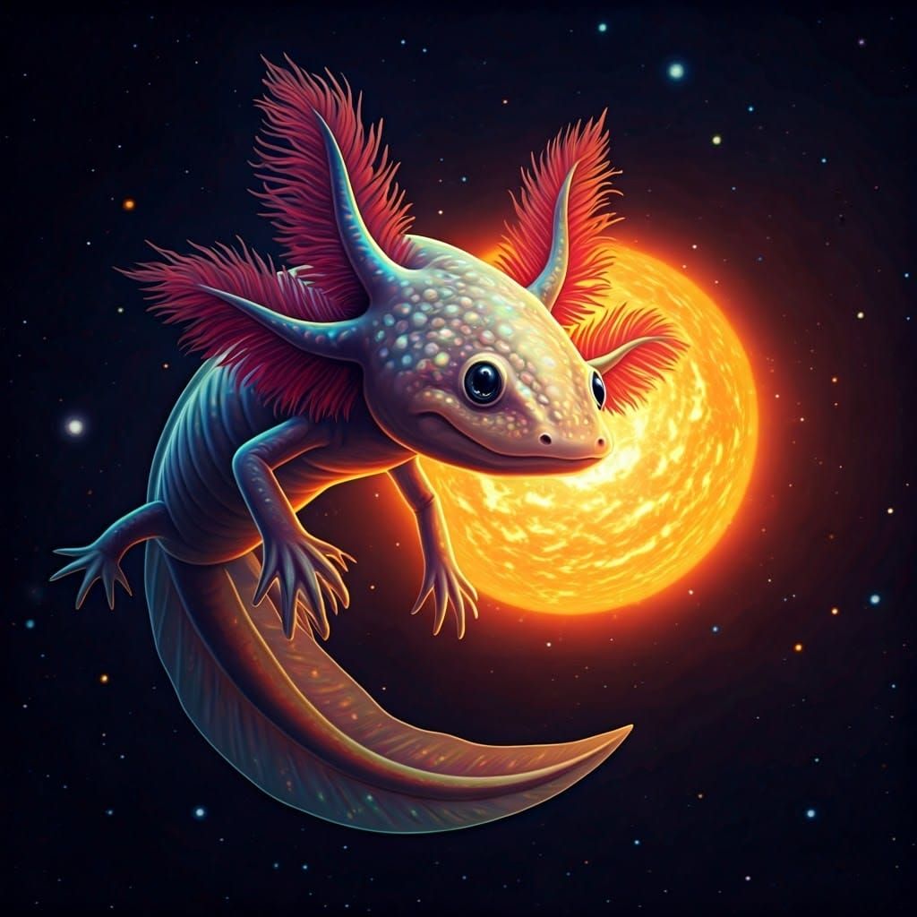 Galactic Axolotl Reflects in Star, Biomechanical Surrealism