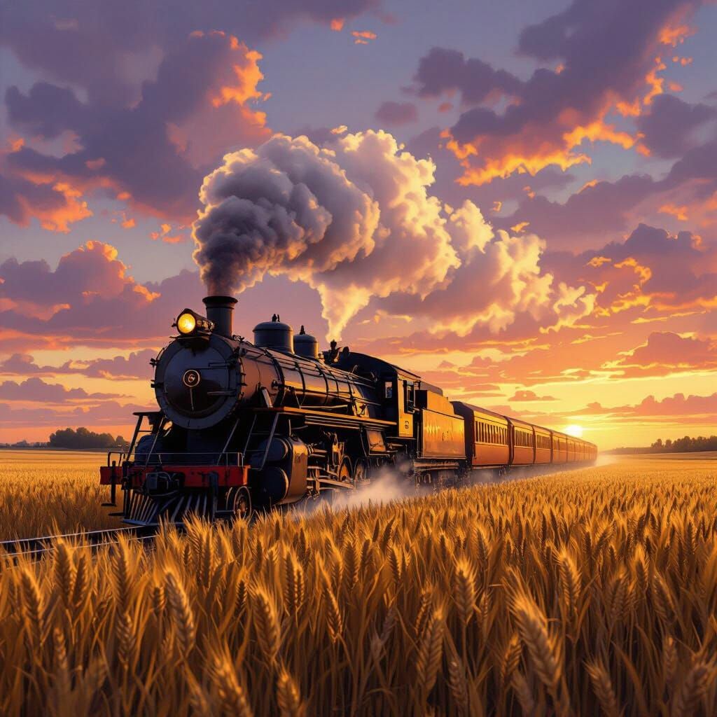 Vintage Steam Train at Sunset in Golden Wheat Field