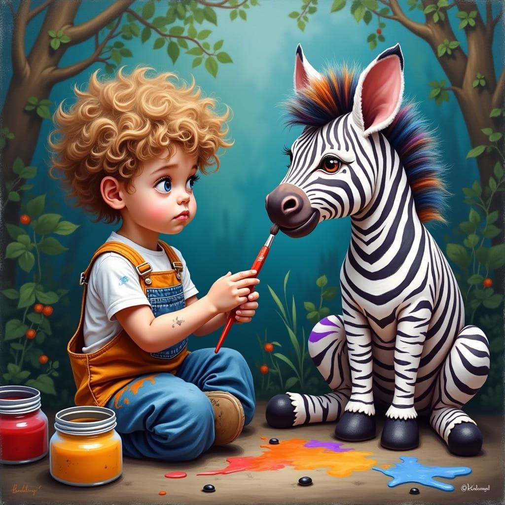 Serious Young Artist Paints Zebra in Vibrant Oil and Impasto