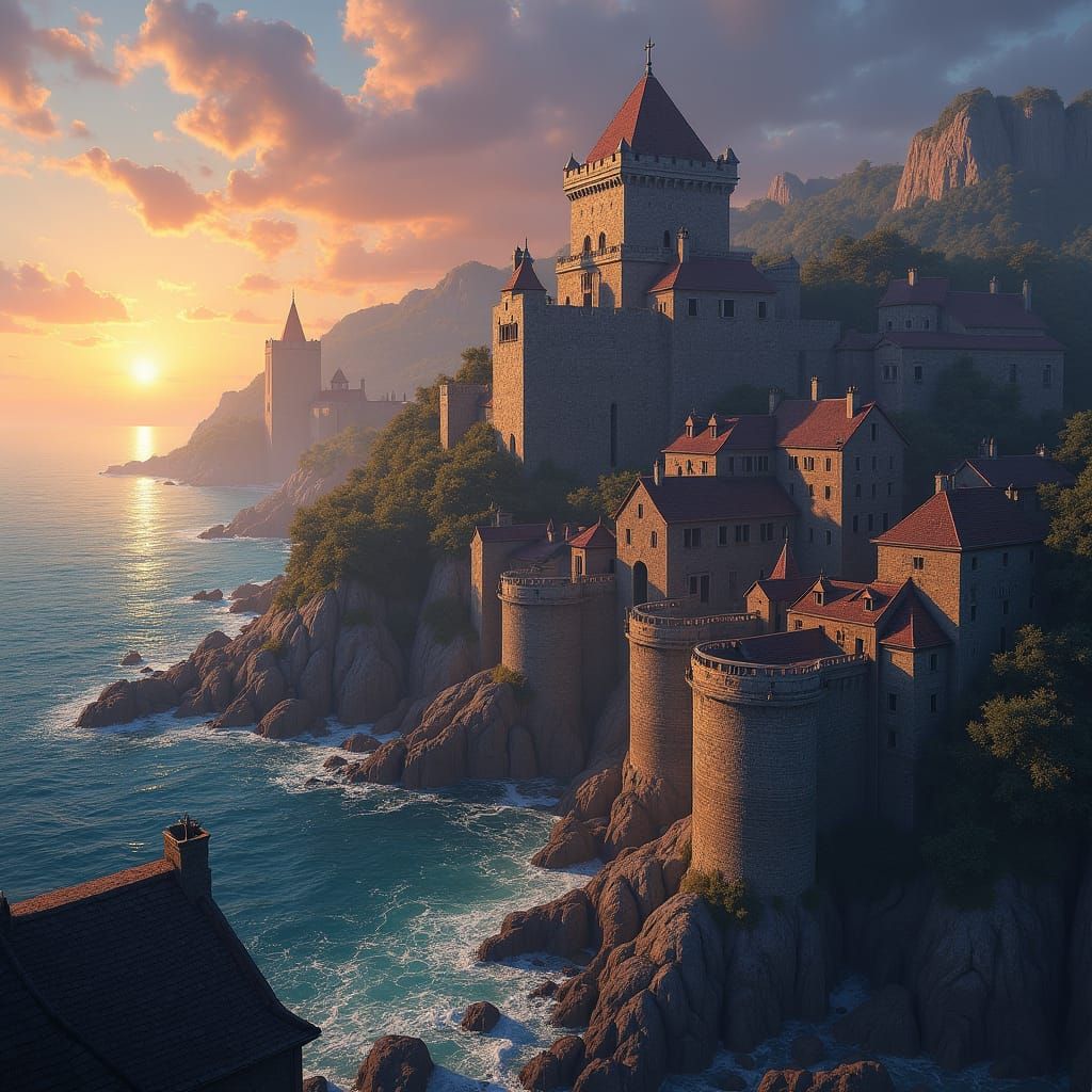 Medieval Coastal Town at Sunset: Detailed Matte Painting