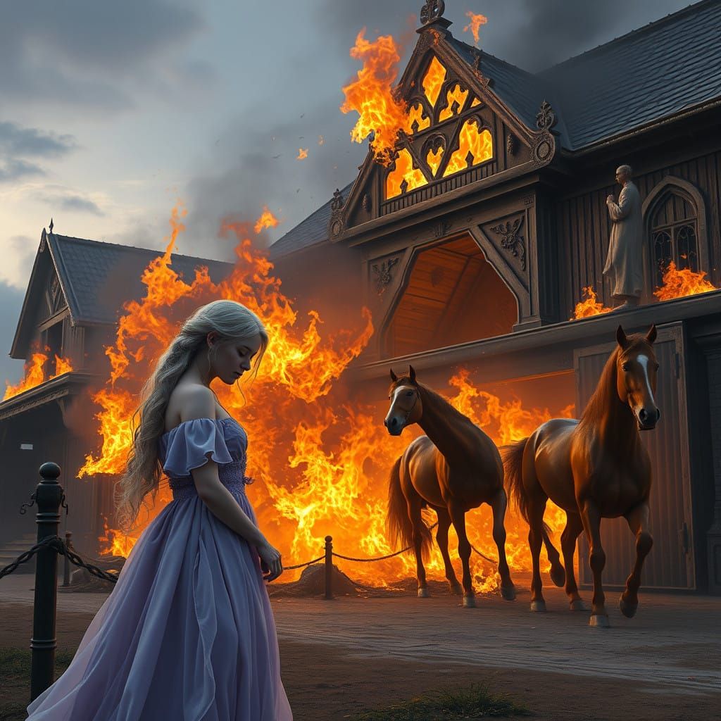 Ethereal Maiden in Lavender Gown Weeps Beside Burning Stable...