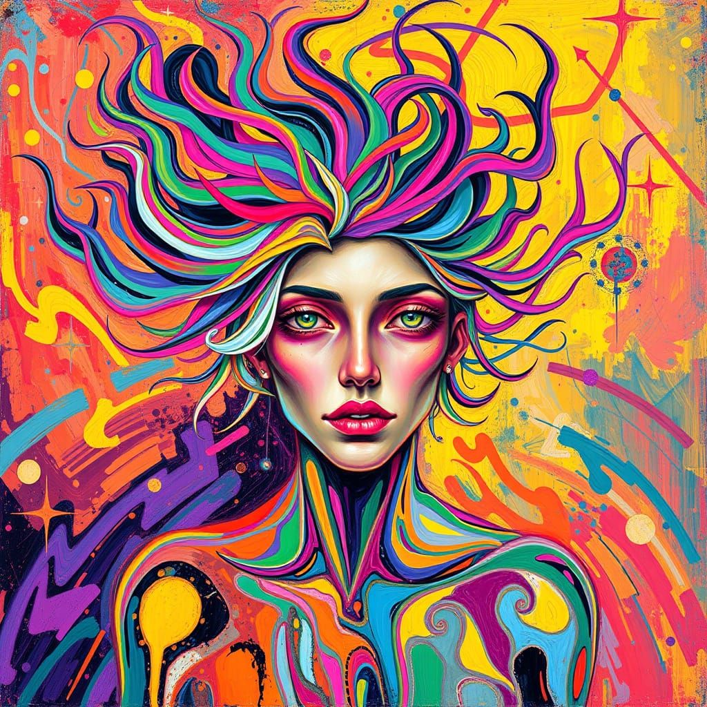 Surrealist Figure Immersed in a Vibrant Dreamscape with Irid...