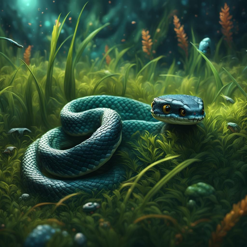 Baby Snake in Grass: Detailed Matte Painting