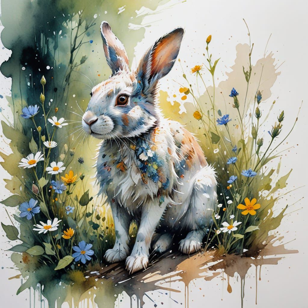 Whimsical Woodland Rabbit in Vibrant Wildflowers