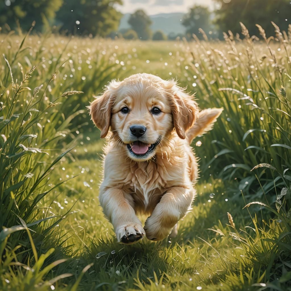 Golden Retriever Puppy in Meadow: Impressionistic Digital Ar...