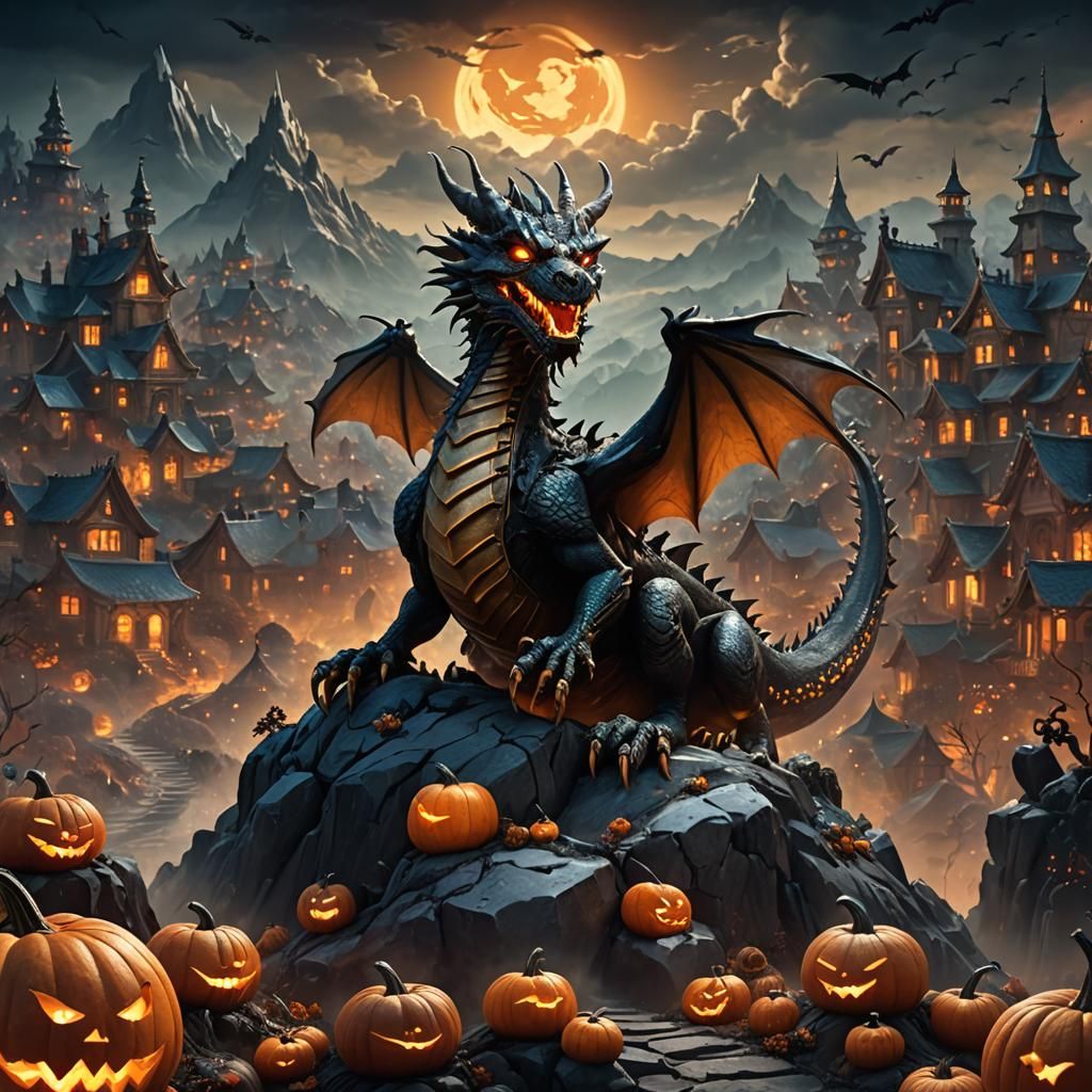 Halloween Dragon on Pumpkin Mountain: Digital Matte Painting