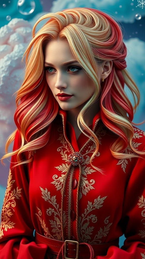 Elegant Mrs. Claus in Crimson Red Coat with Mesmerizing Ombr...