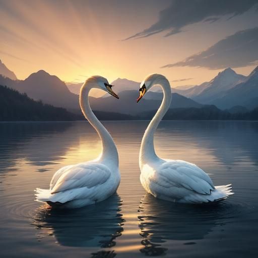 White Swans Embrace on Shimmering Lake at Sunset