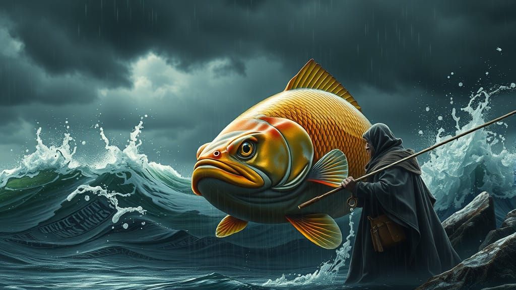 Majestic Golden Fish Confronts its Anguished Fisherman
