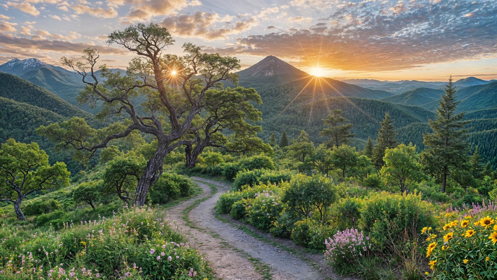 Epic Mountain Pathway Unfolds with Vibrant Flowers and Trees