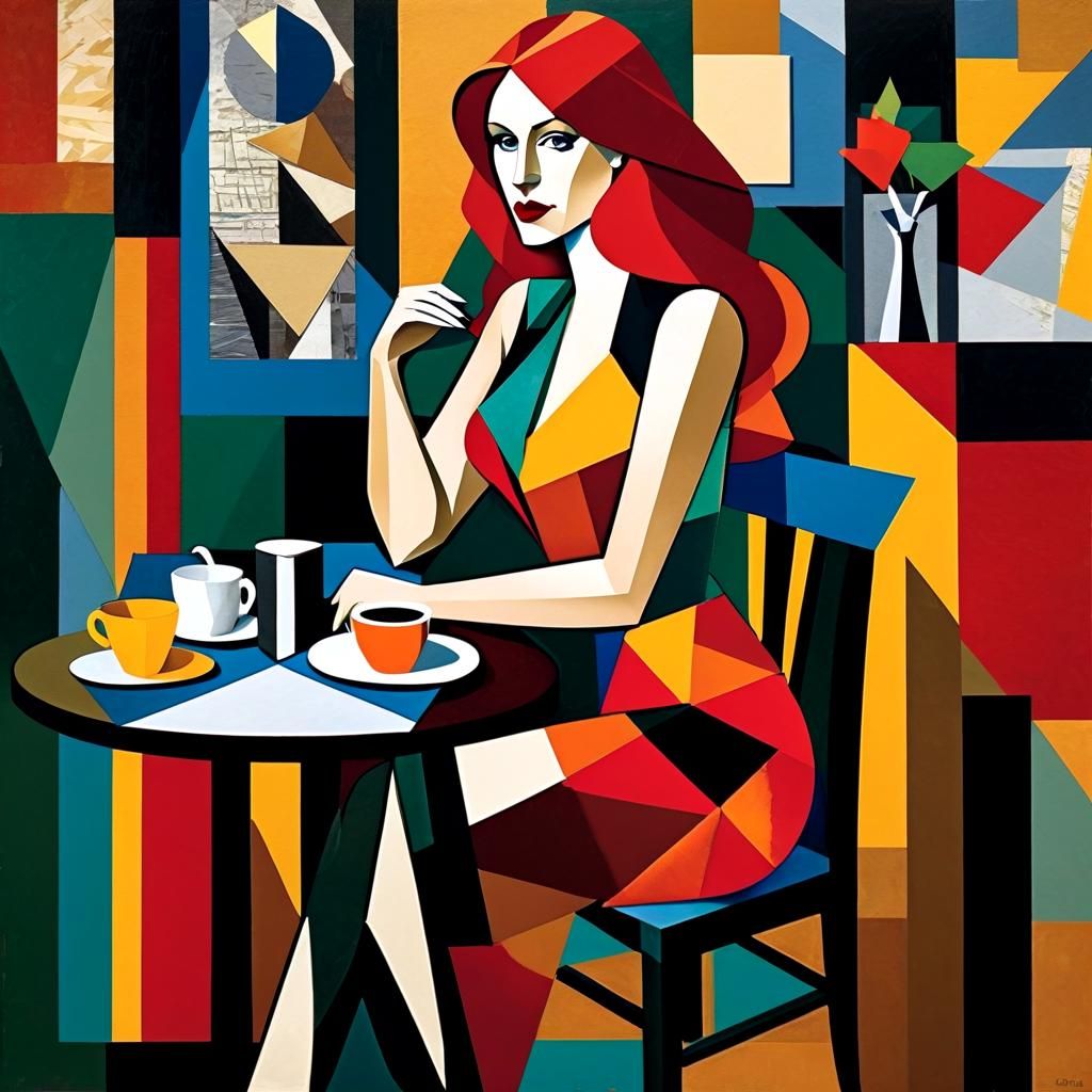 Vibrant Cubist Woman Sips Coffee in Urban Café