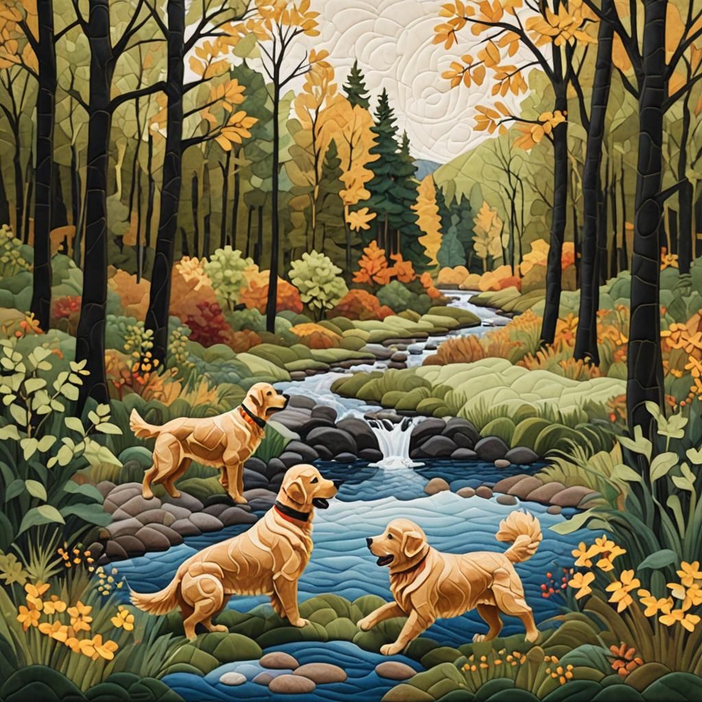Quilted Golden Retriever by Whispering Woods Stream