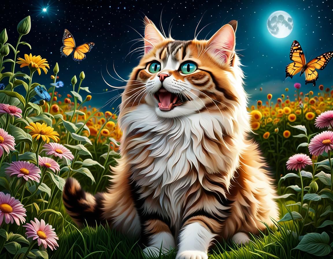 Colorful Siberian Cat in a Starry Field