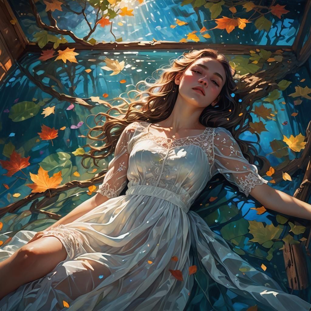 Woman in Bed Above Blue Lake, Fantasy Art