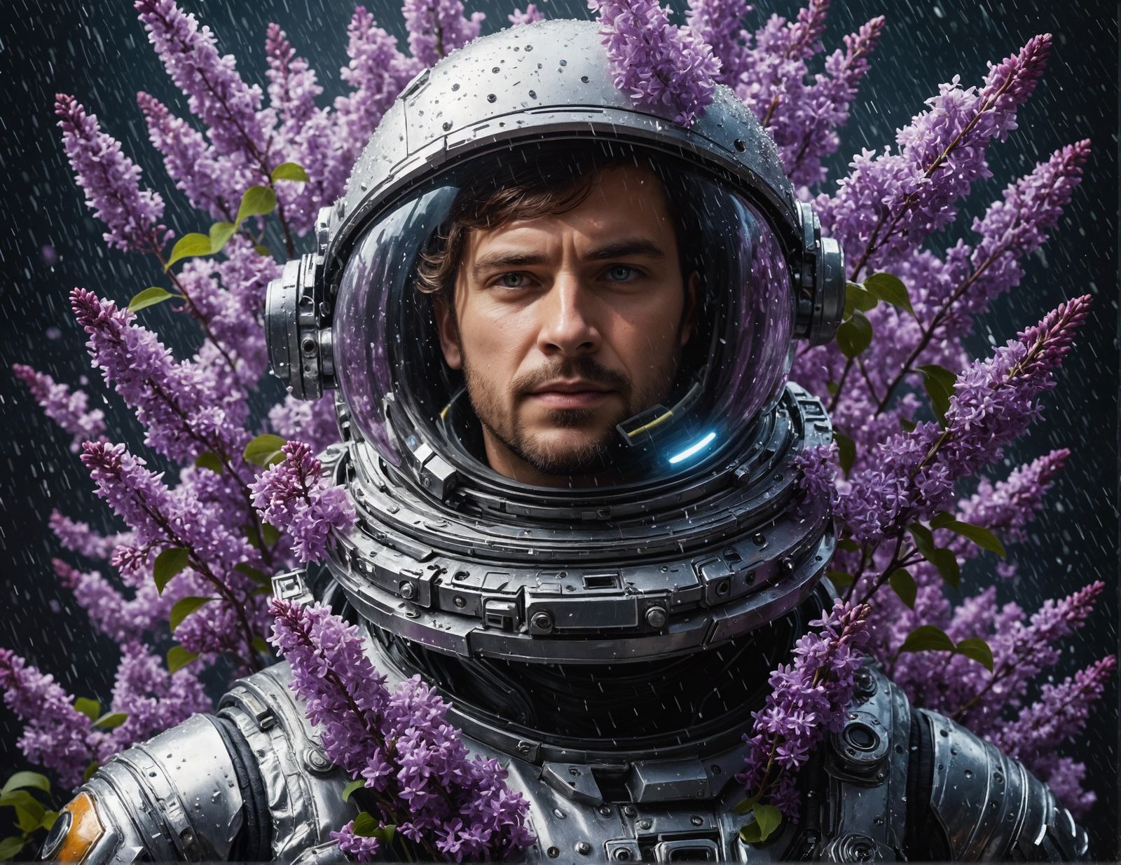 Futuristic Astronaut Portrait with Lilacs and Hammer