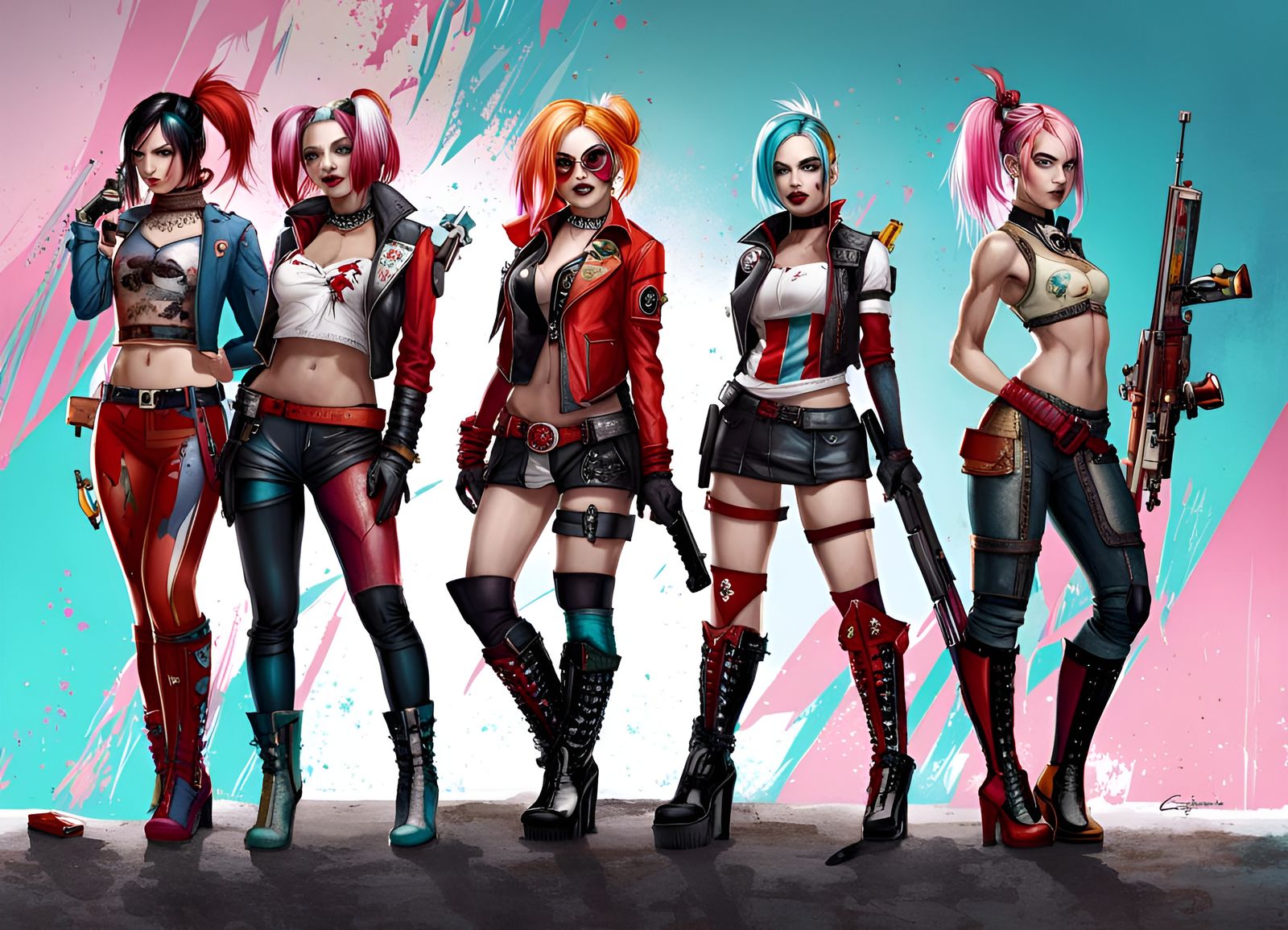 Five Harley Quinns Together