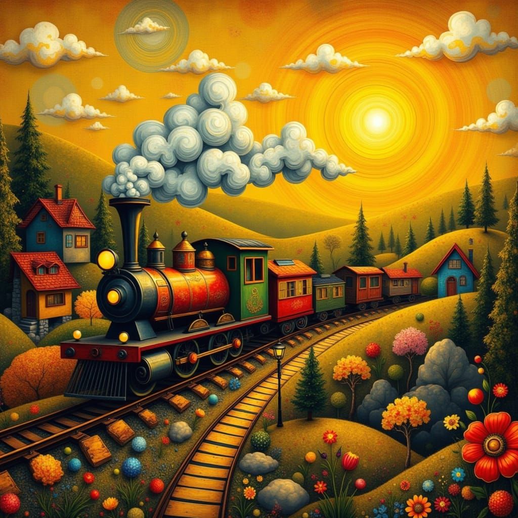 Vibrant Whimsical Railway Landscape