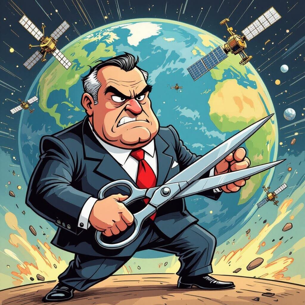Government Cuts Down Satellites in Editorial Cartoon Style