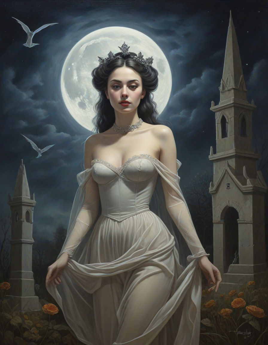 Ethereal Pinup Goddess in Midnight Graveyard