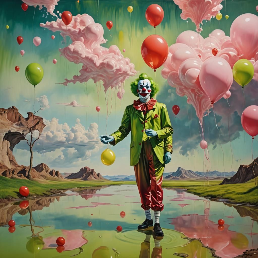 Surreal Clown with Red Balloon in Dreamlike Landscape