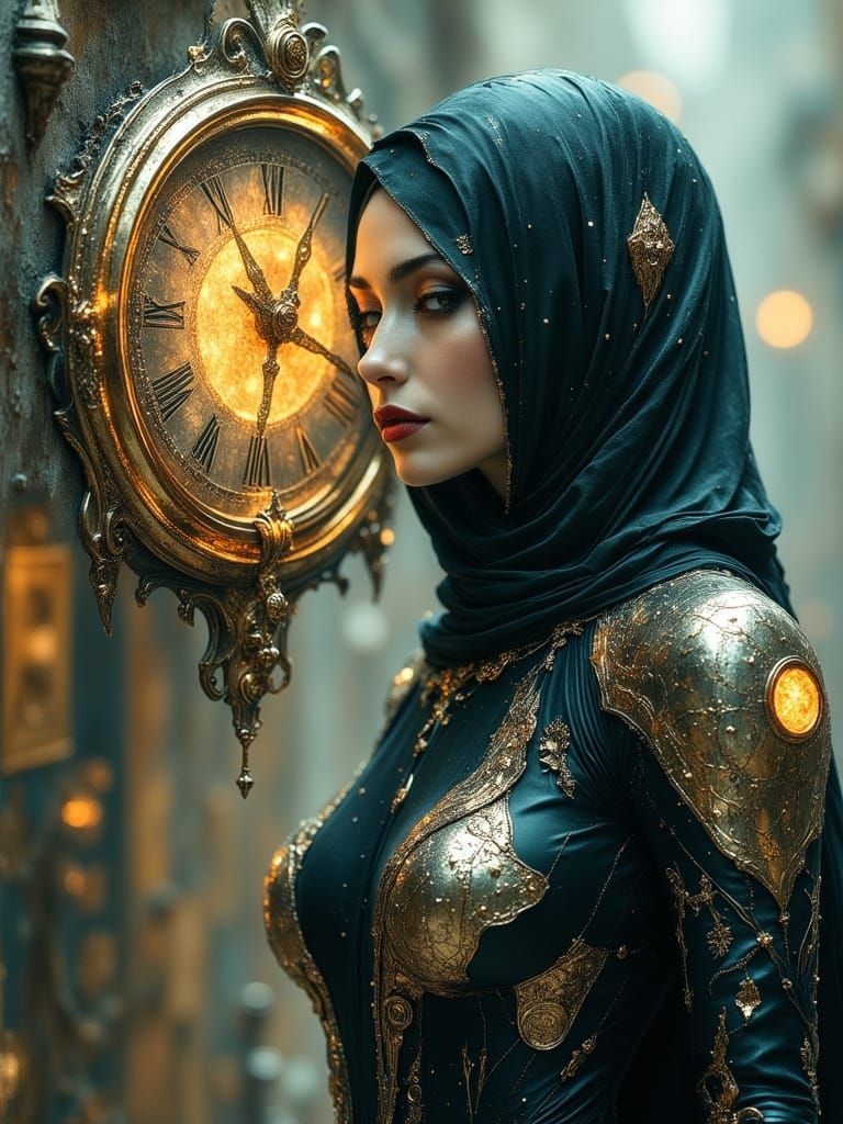 High-Tech Warrior with Melting Clock in Dark Surrealism