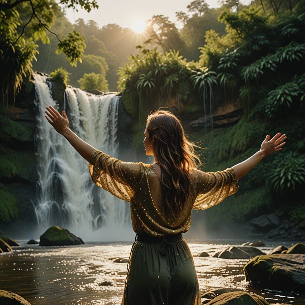 Woman on Waterfall: Vivid Digital Art in Golden Light