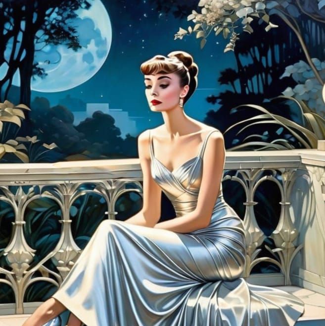 Art Deco Audrey Hepburn in Moonlit Garden