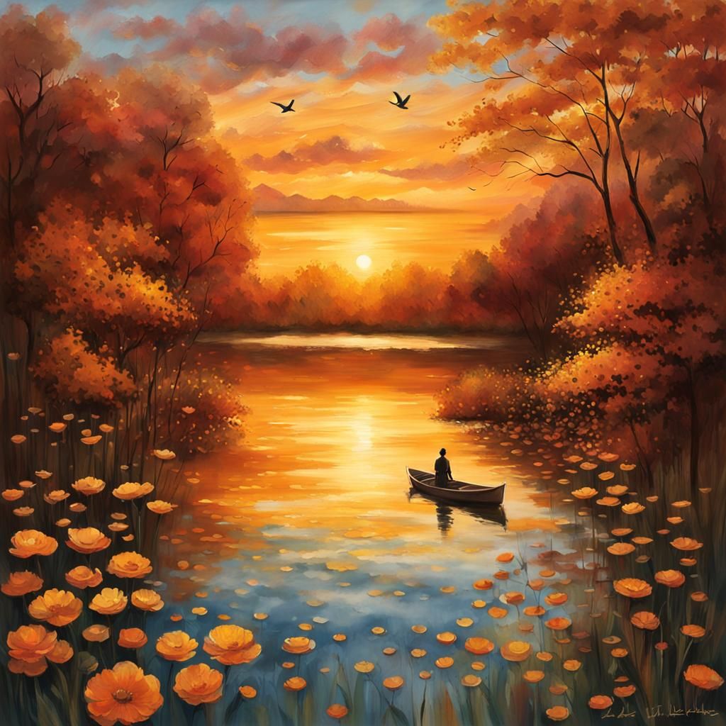 Sunset Over Lake in Watercolor Pastel