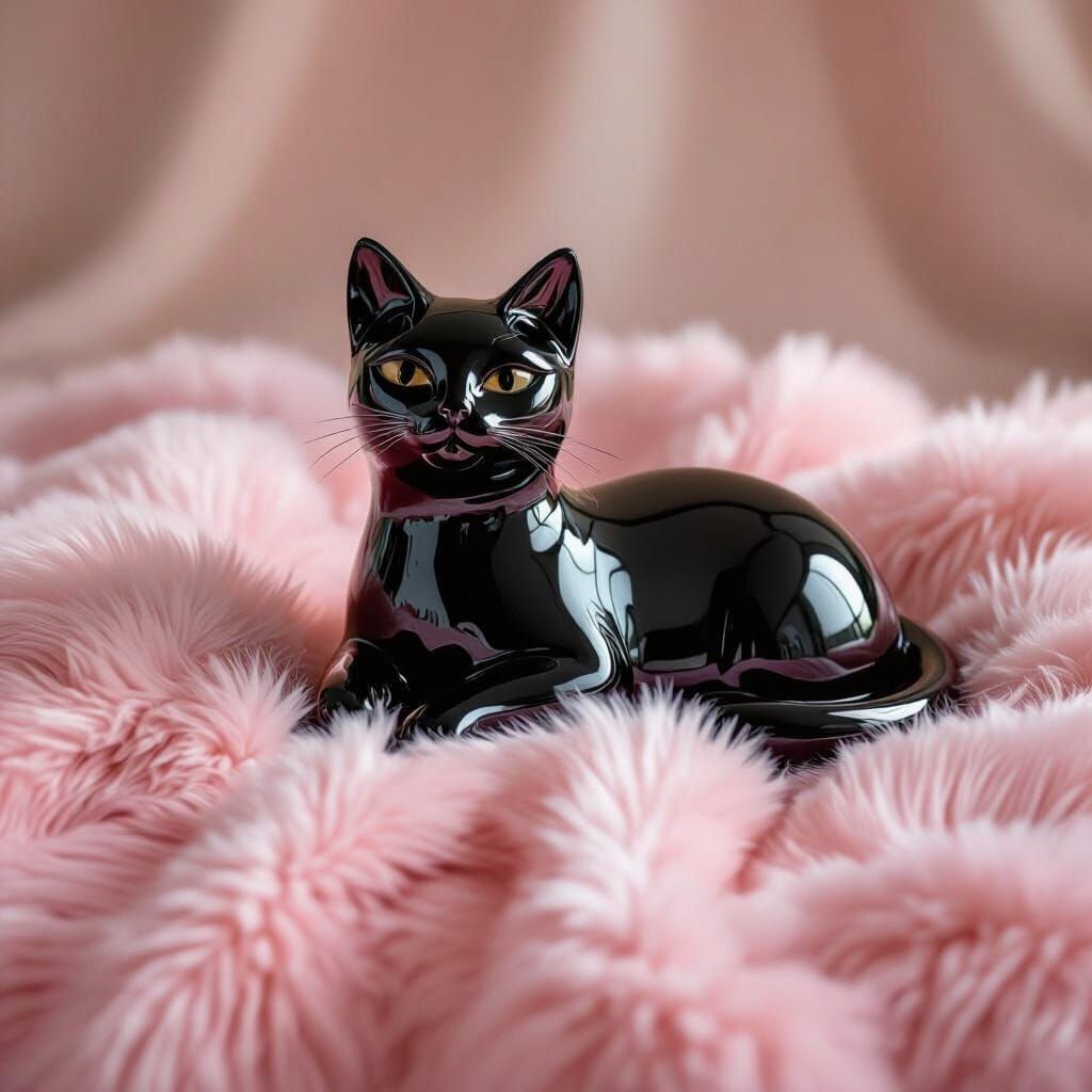 Sleek Blown Glass Cat on Pink Fur Throw