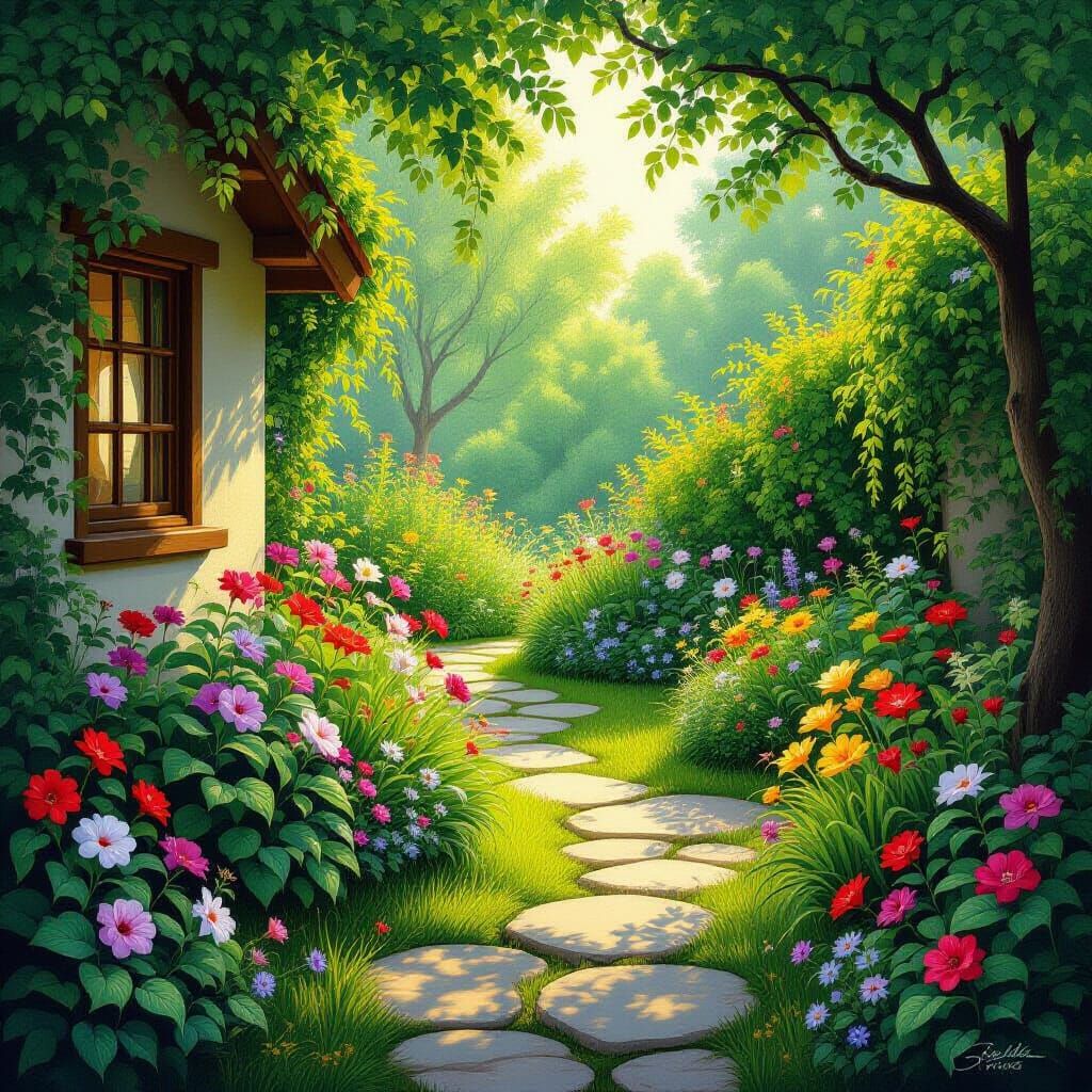 Serene Hidden Garden with Lush Foliage